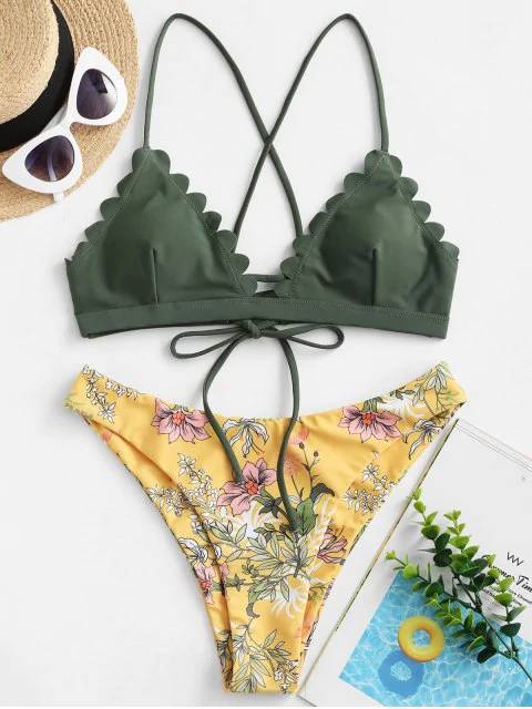 Producto Zaful- Floral Leaf Scalloped Lace-up Bikini