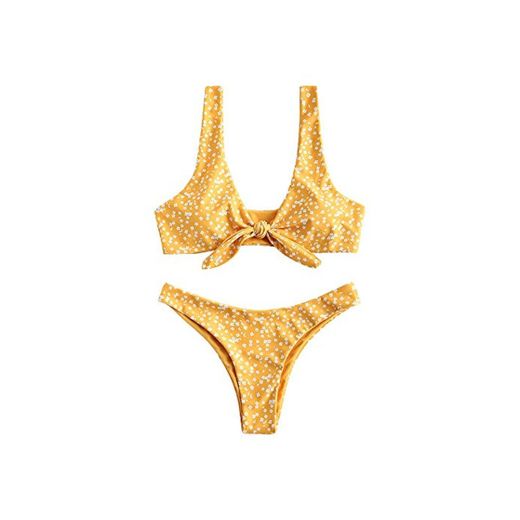 ZAFUL Mujer Flores Bajo Cintura Delantera Bikini Set Dulce Dos Unidades Bañador amarillo L