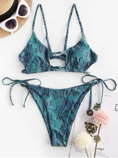 ZAFUL Tie Dye Animal Print Cutout Bikini Swimwear - Multi-a S