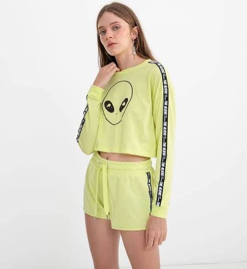 Fashion Blusa Cropped Manga Longa Estampa Alien