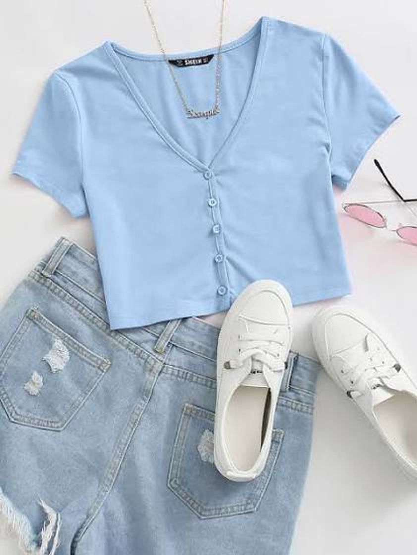 Fashion Azul Bébé Butões na Frente Simples ocasional Camiseta