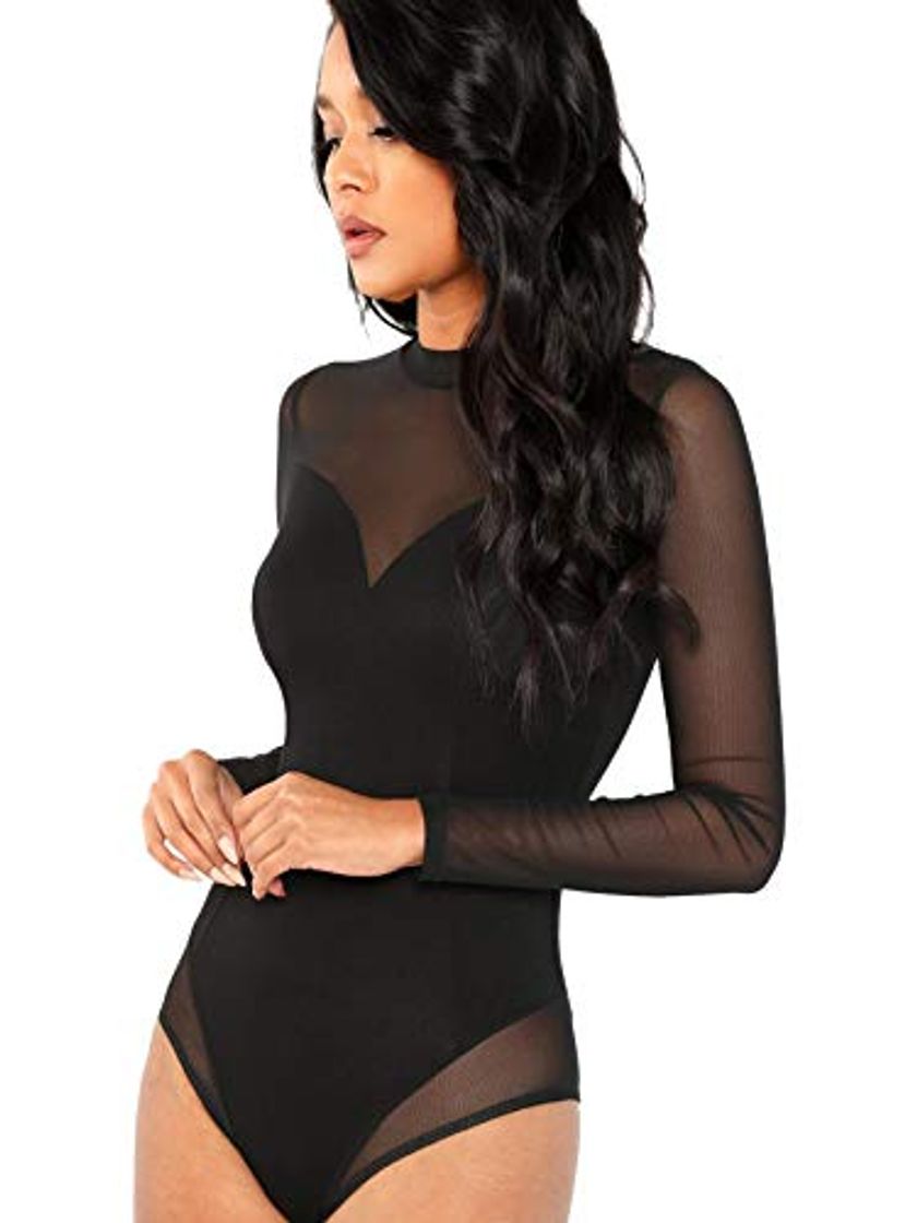 Place SOLY HUX Mujeres Sexy Manga Larga Delgado Body Leotardo Bodycon Malla Jumper