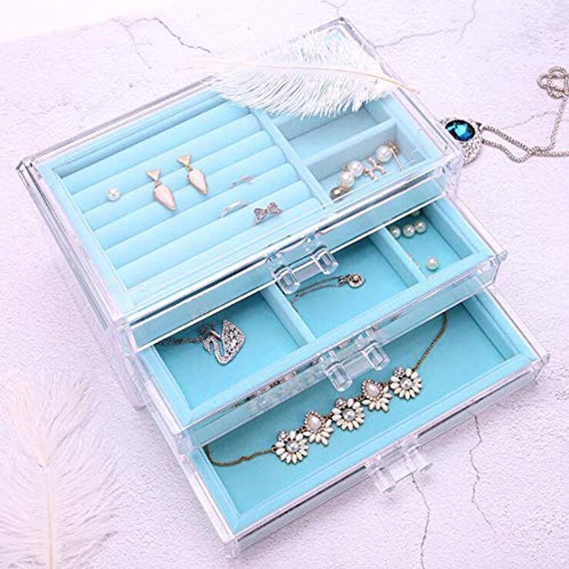 Fashion Caja de Organizador de Terciopelo de Joyería Almacenamiento de Acrílico Transparente con 3 Cajones para Aretes Brazalete Brazalete Collar y Anillos Soporte Tiffany Blue para niñas Mujeres