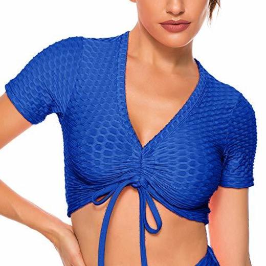FITTOO Tops de Yoga Camiseta Deportivo para Correr Gimnasio para Mujer Azul