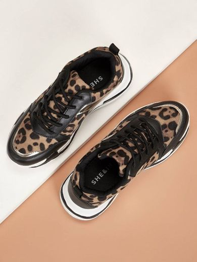 Zapatos gruesos con cordón con estampado de leopardo