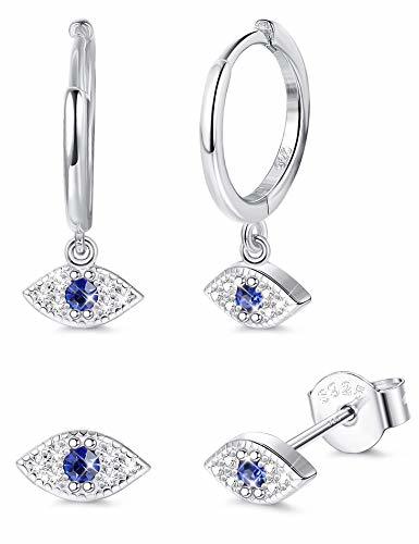 Productos Milacolato 2 Pares de Plata de Ley 925 Evil Eye Dangle Hoop