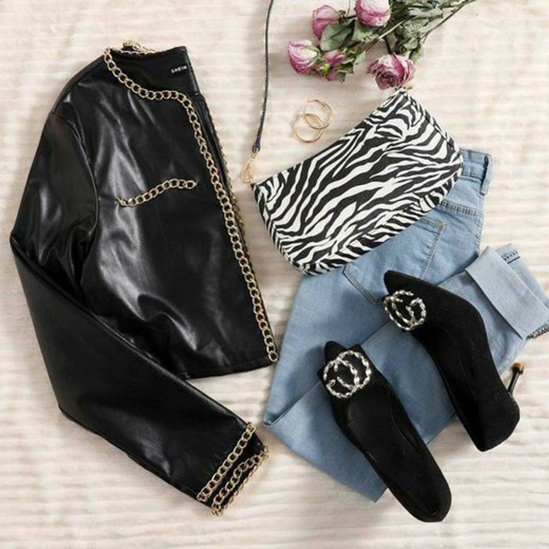 Fashion Chain Trim PU Leather Jacket p