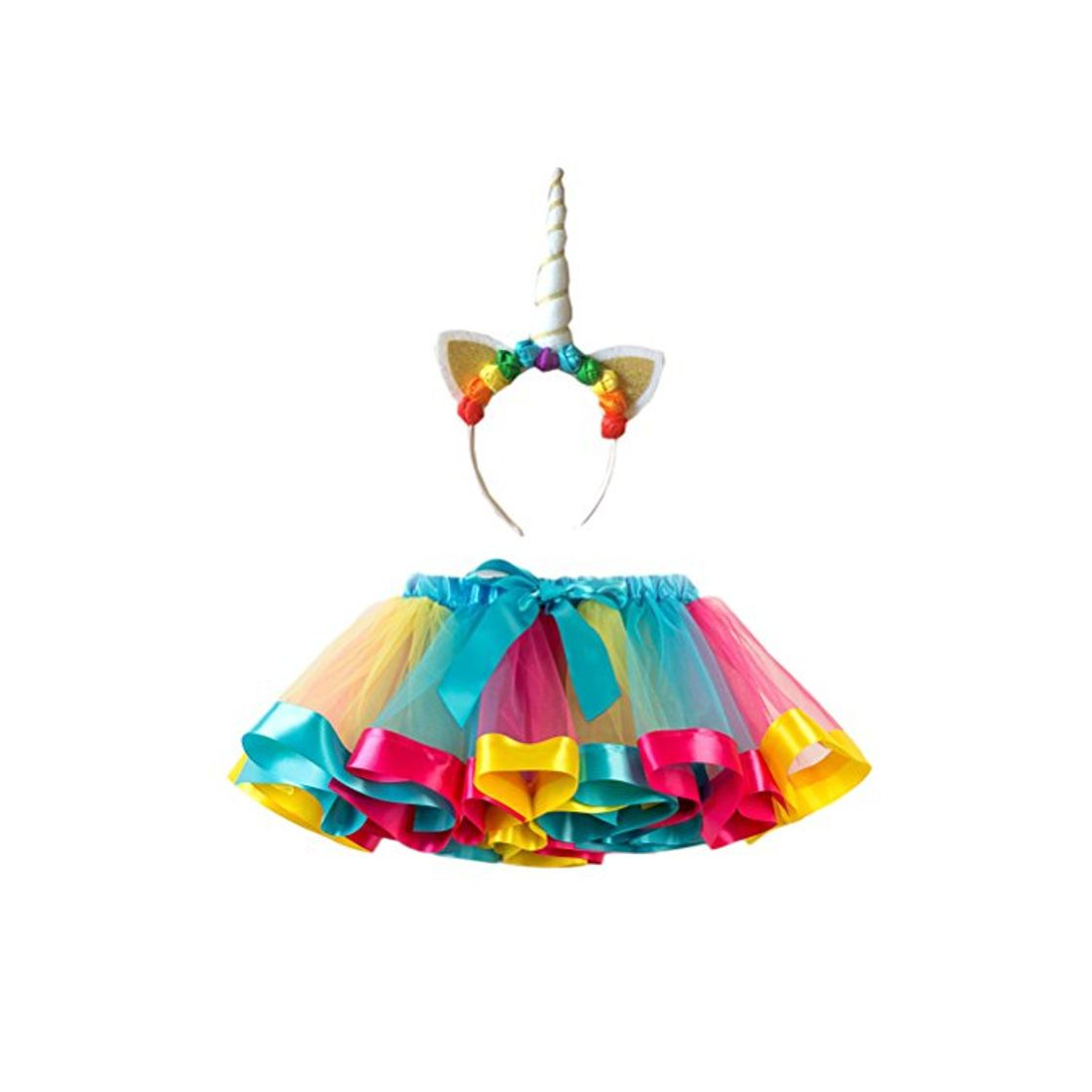 Fashion BESTOYARD Faldas de tutú arcoíris en capas de niñas pequeñas con diadema de cuerno de unicornio para fiesta de cumpleaños en cenefa Juego de falda de coral cuento de medio cuerpo Talla S