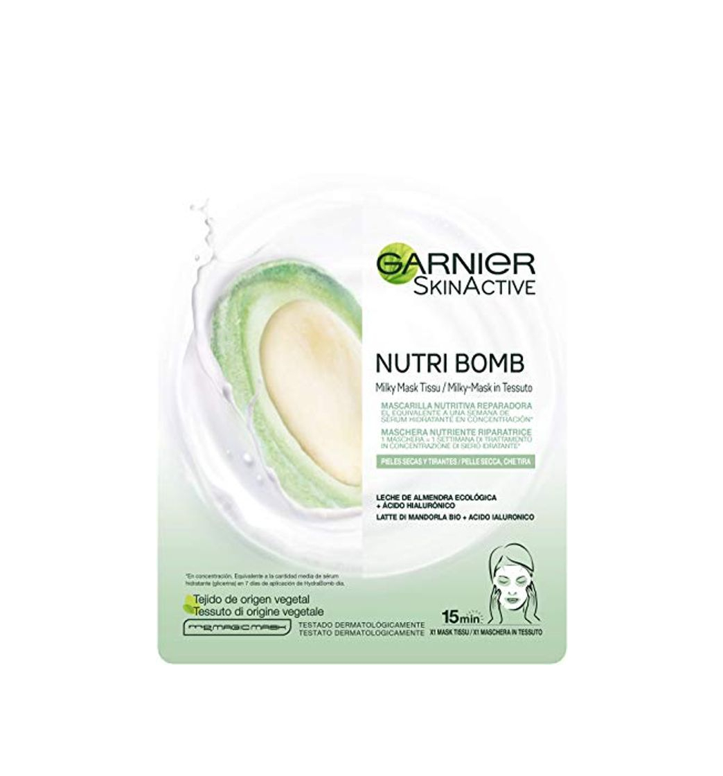 Product Garnier Skin Active Nutri Bomb Milky Mask Tissu Reparadora Mascarilla de Tejido con Leche de Almendra Ecológica y Ácido Hialurónico para Pieles Secas y Tirantes 36 g