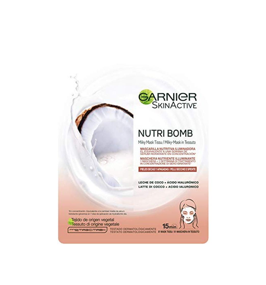 Product Garnier Skin Active Nutri Bomb Milky Mask Tissu Iluminadora Mascarilla de Tejido con Leche de Coco y Ácido Hialurónico para Pieles Secas y Apagadas 36 g