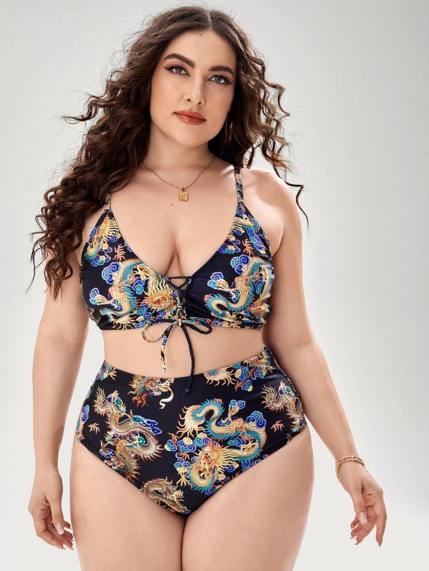 Fashion Conjunto de biquíni Plus Size estampa de dragão