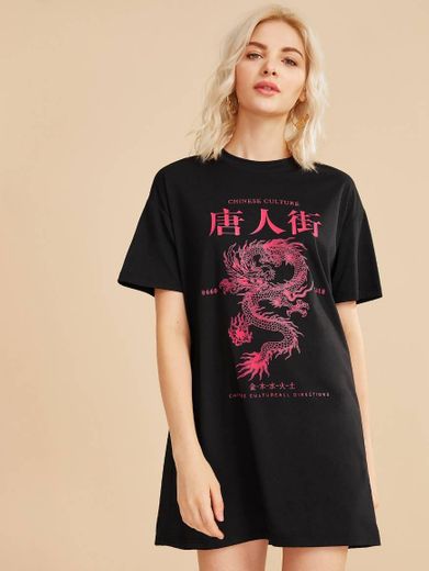 Vestido estilo camiseta con estampado de dragón y letra