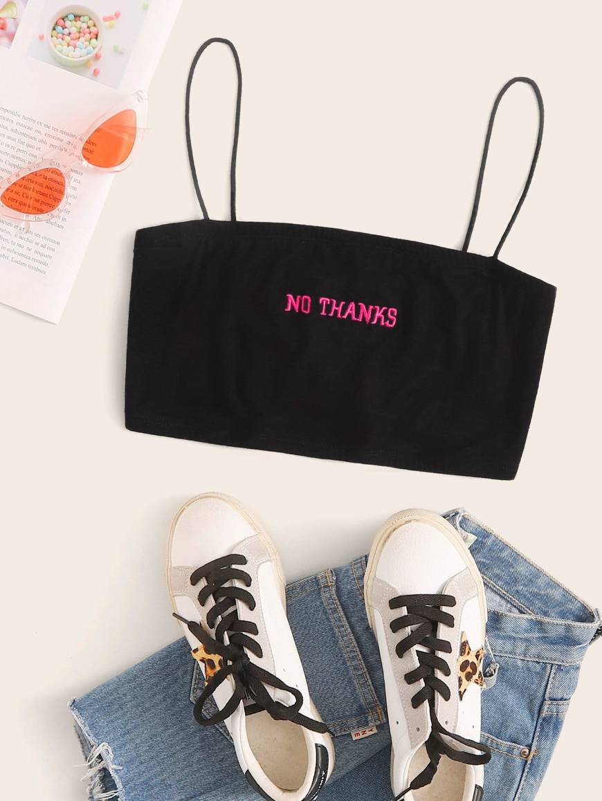 Productos Top corto de tirante con diseño bordado "No Thanks" 