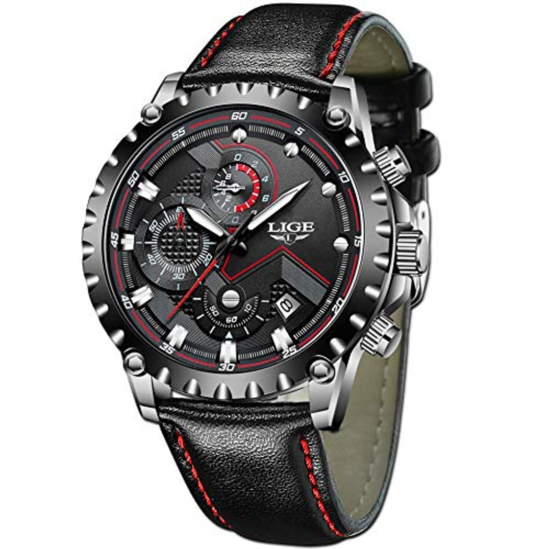 Product LIGE Relojes Hombres Cronógrafo Impermeable Militar Deportivo Analógico Cuarzo Relojes Hombre Moda Negro Cuero Calendario Relojes de Pulsera