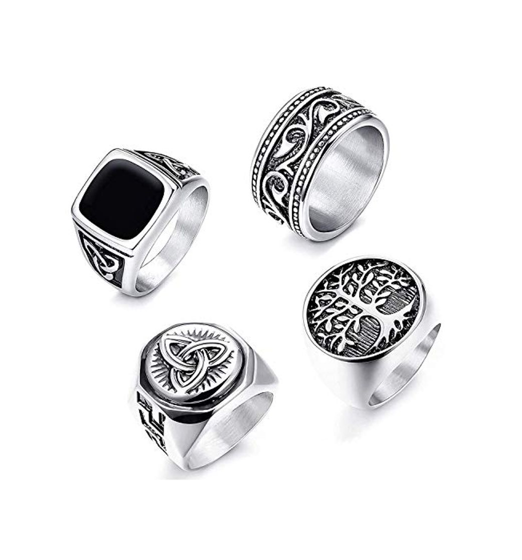 Fashion LOLIAS 4Pcs Anillos Hombre Signet Acero Inoxidable Anillos Nudo Celta Anchos para Hombres Mujeres Band Vintage Anillo Árbol de la Vida Juego Anillos Gótico Rock Retro Negro Anillo para Hombres