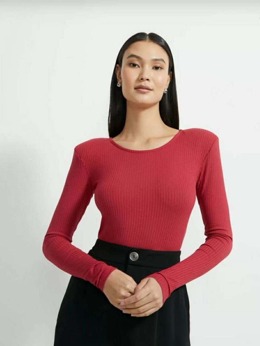 Moda Body Manga Longa em Viscose Canelada com Ombreiras Vermelho