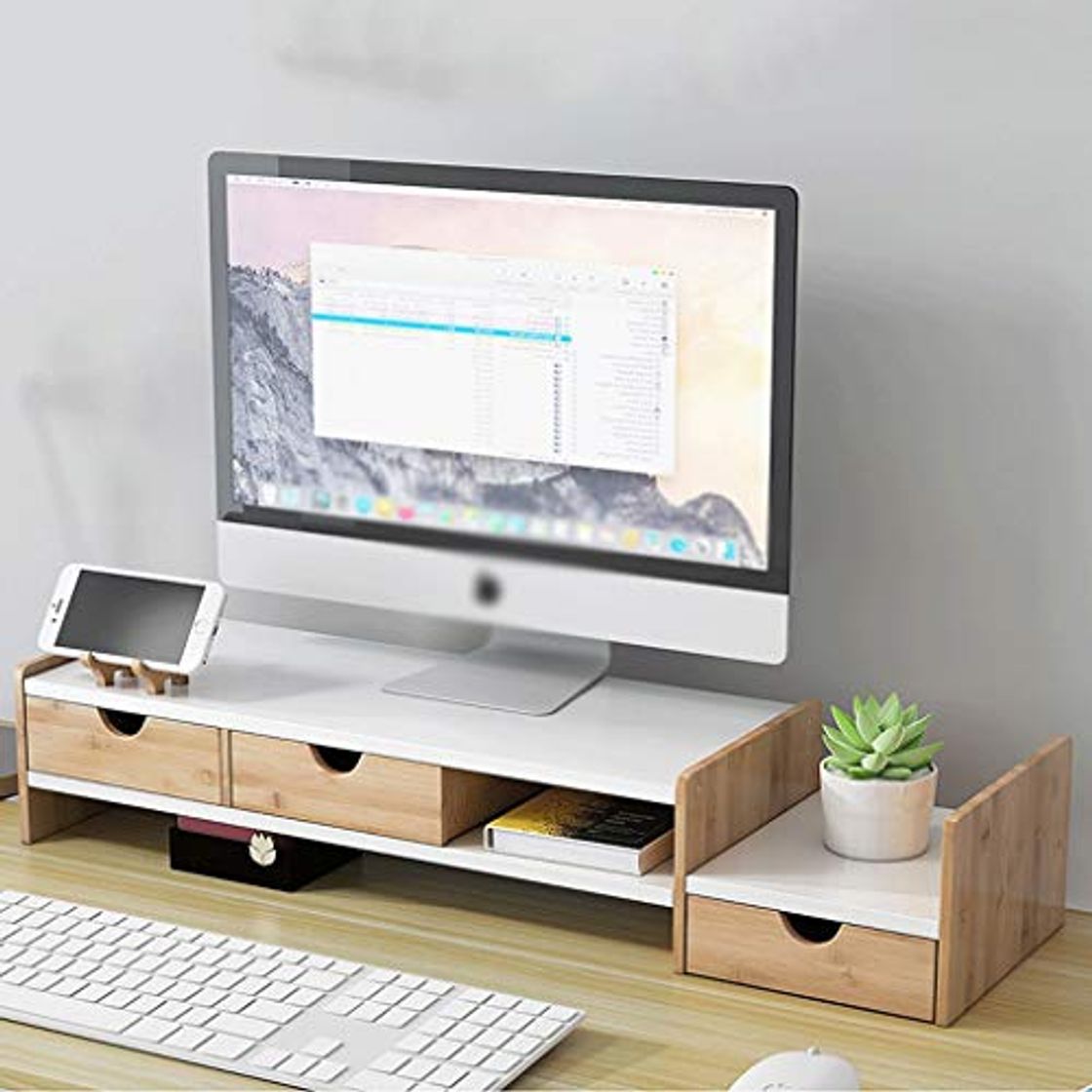 Product Soporte Monitor Stand Riser El soporte del monitor de pantalla vertical de madera maciza con 3 gaveta de almacenamiento del ordenador Organizador de escritorio caja for el ordenador portátil Pantallas