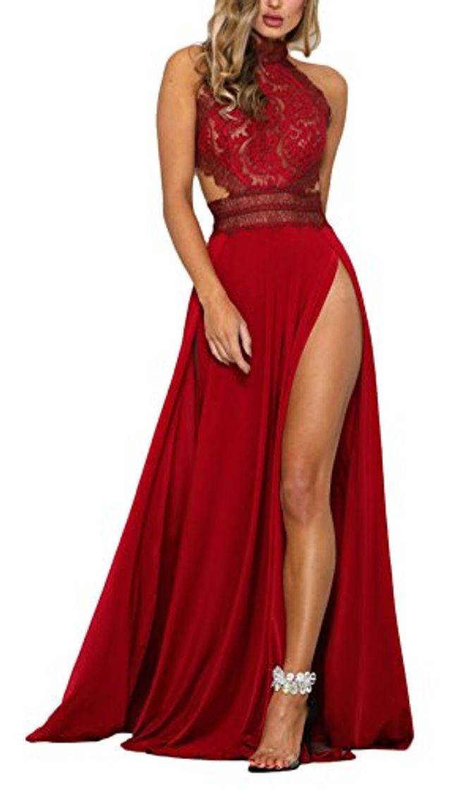 Fashion Mujer Vestidos De Fiesta Largos De Noche Elegantes Transparentes Ropa Dama Moderno Encaje Splicing Sin Mangas Sin Espalda Talle Alto con Aberturas Vestido Largo Vestidos Coctel