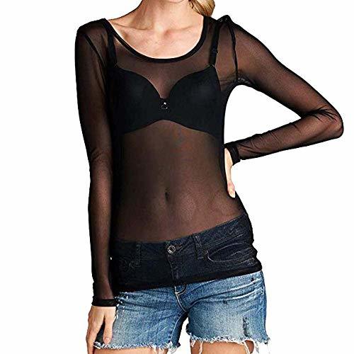 Fashion VJGOAL Moda Casual para Mujer Sexy Gasa Transparente Camisa de Cuello Redondo