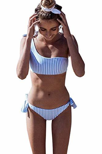 Social heekpek Bikini a Rayas con un Hombro Pajarita Cintura Alta Tanga Lado