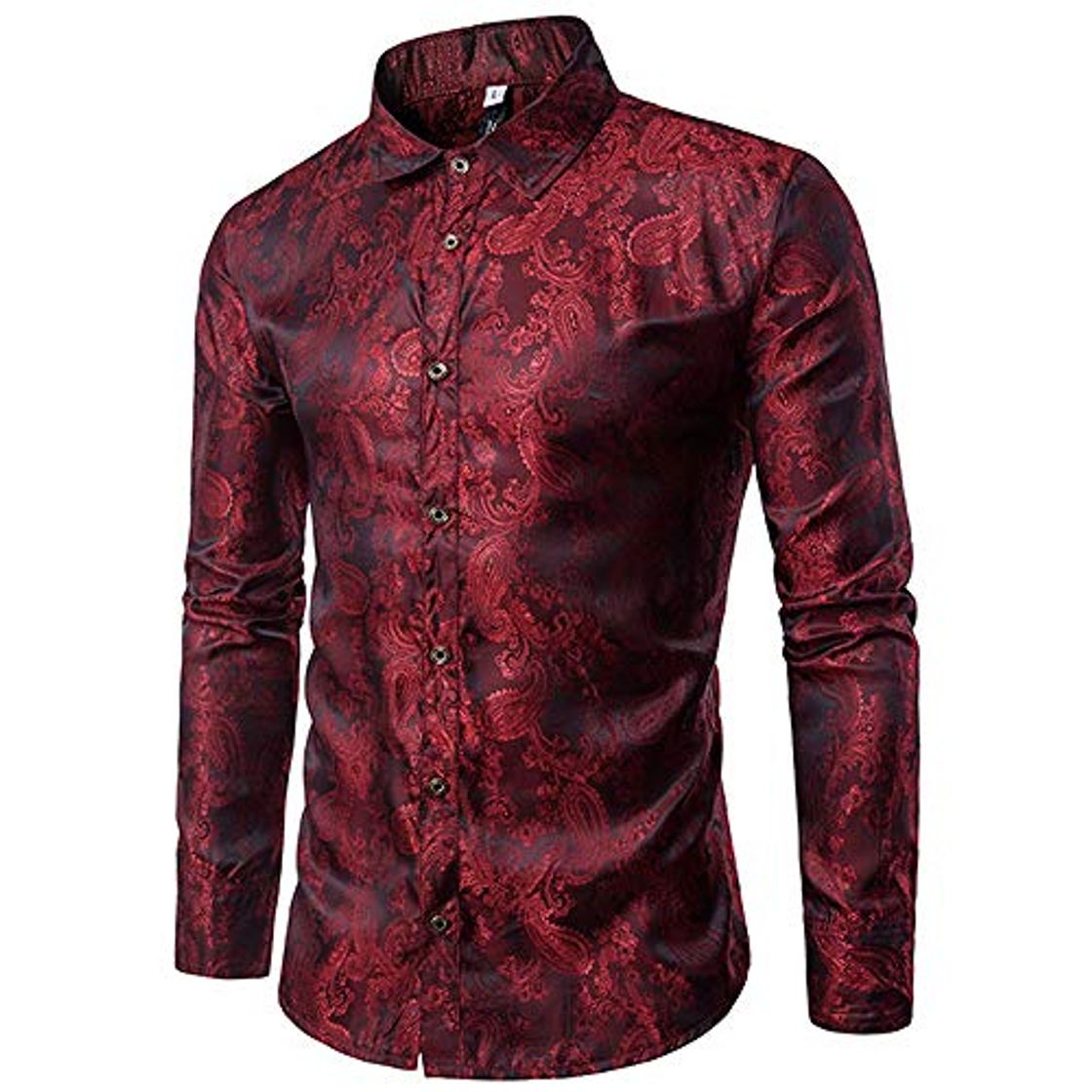 Fashion Loeay Camisa de Seda con Estampado Floral Hombres Moda Slim Fit Manga Larga Camisas para Hombres Fiesta Evento Camisa Social Masculina Vino Rojo XXL