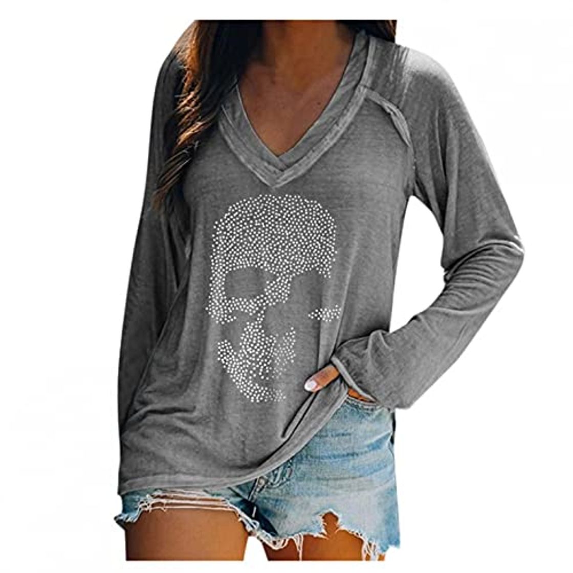 Social Camiseta De Mujer Tops De Talla Grande De Manga Larga con Cuello En V Camisas Estampadas En 3D Blusa Suelta De Moda De OtoñO