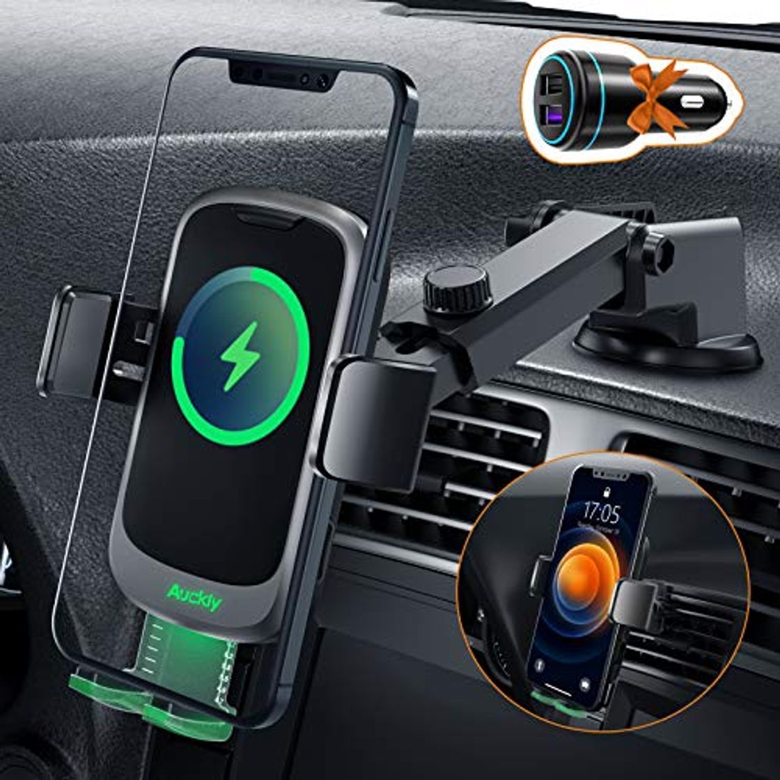 Electronics Auckly Qi 15W Cargador Inalámbrico Coche,【Ocultar botón】 Wireless Car Charger Soporte con