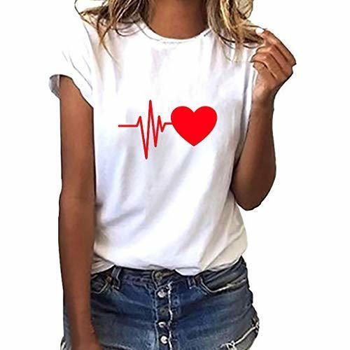 Camiseta de Mujer Manga Corta Corazón Impresión Blusa Camisa Cuello Redondo Basica