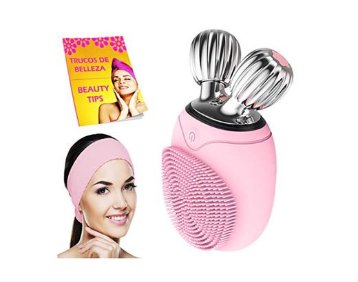 Limpiador facial electrico con diadema maquillaje y libro cepillo masajeador facial y limpieza facial profunda por vibracion lifting facial V control tiempo uso impermeable IPX6 rosa