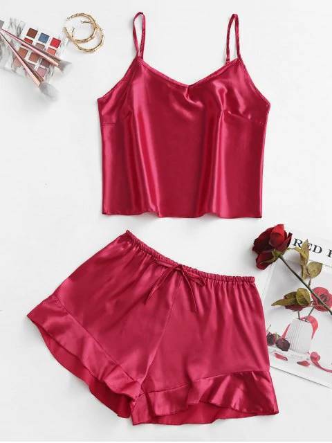 Product Tie Ruffle Satin Pajama Set