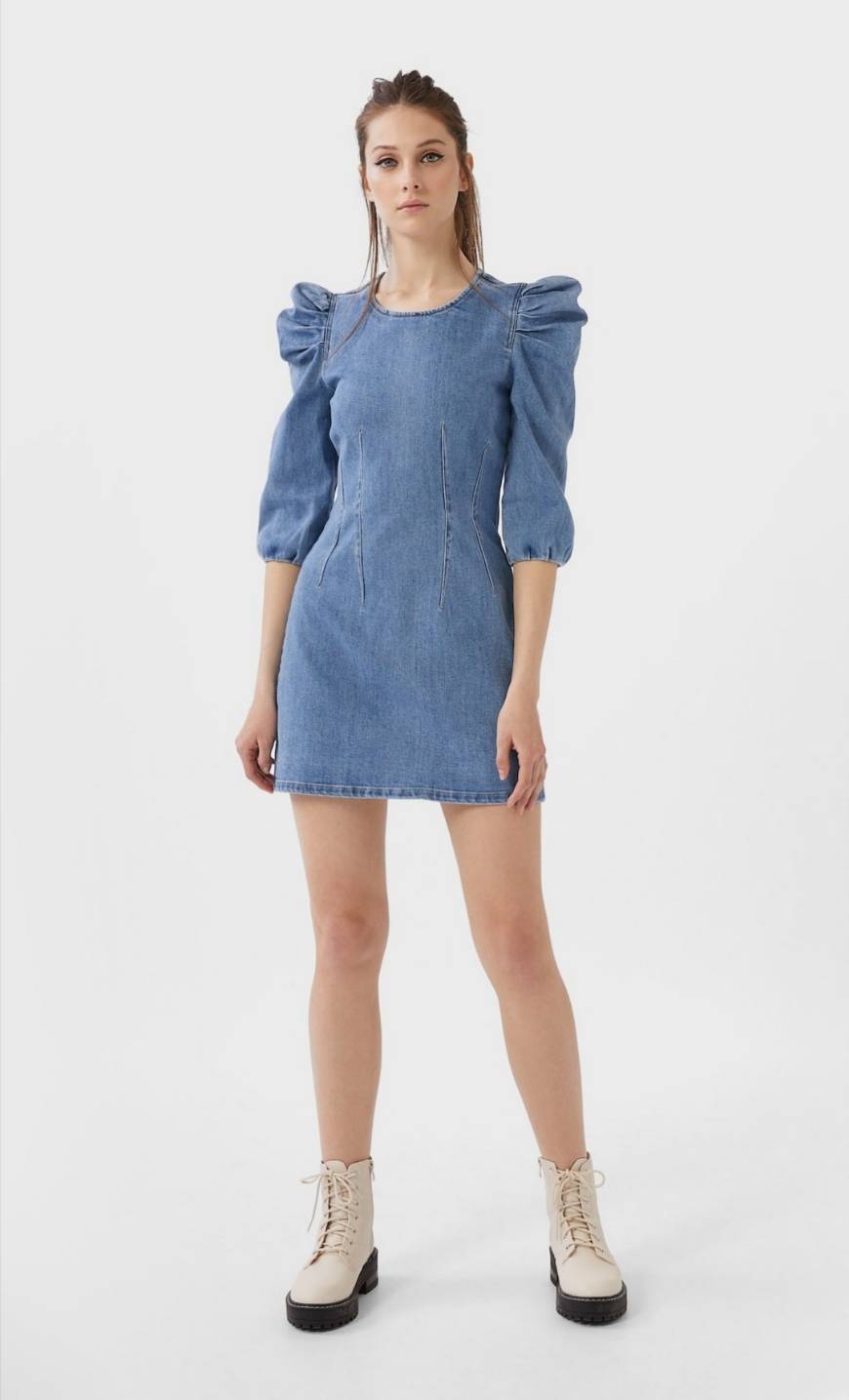 Social Vestido denim com manga abalonada 
