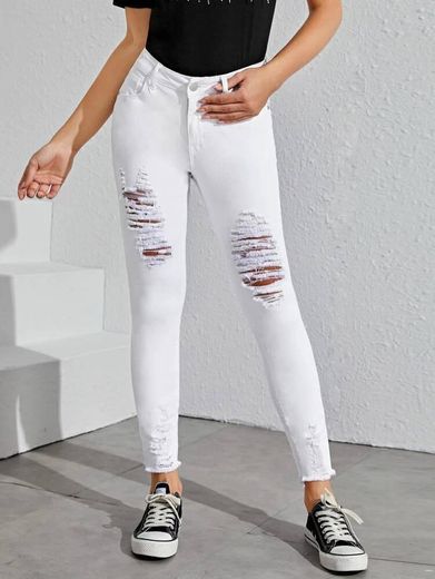 cristiana novaiRipped Raw Hem Solid Skinny Jeans