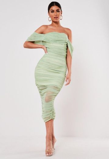 Green Ruched Bardot Midi Dress