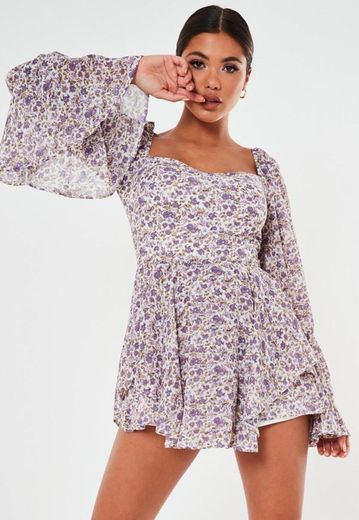 Petite Lilac Floral Bardot Milkmaid Playsuit