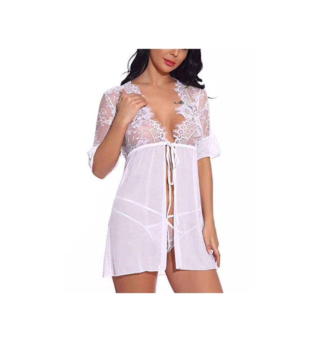 Social FeelinGirl Mujures Conjunto de Lencería Sexy Camisón Abierta con Lazo Ropa Erótica Encaje Blanco 38