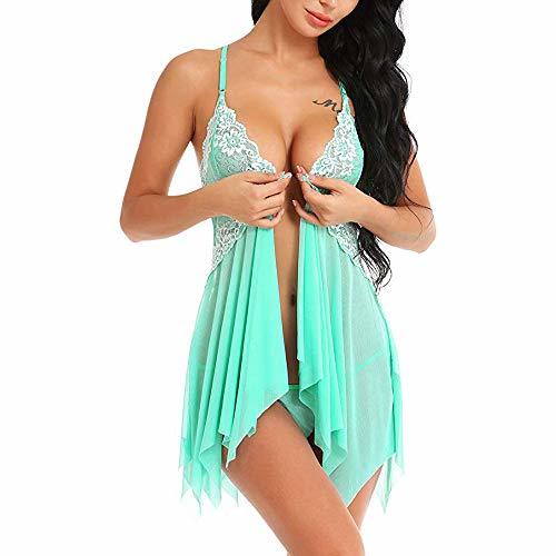Social Mujer Camisón Conjunto de Lencería Halter Abierto Posterior Encaje Tul Babydoll Tanga