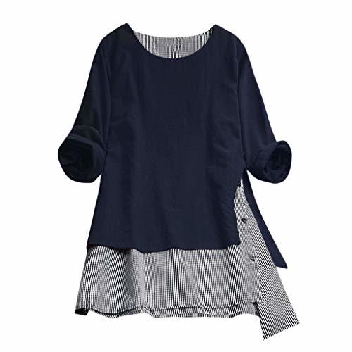 Moda Camisas Mujer Manga Larga Lino Cuadros Cuello En V con Cremallera Blusa