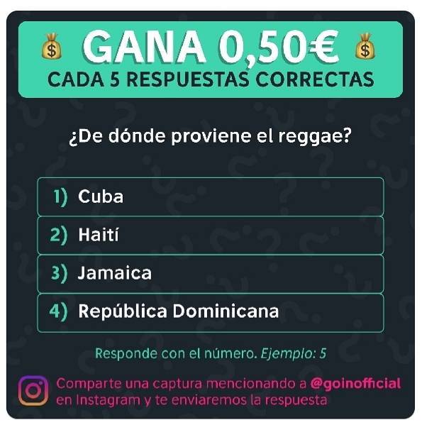 Responde correctamente y gana 0.50 cada 5 aciertos. 