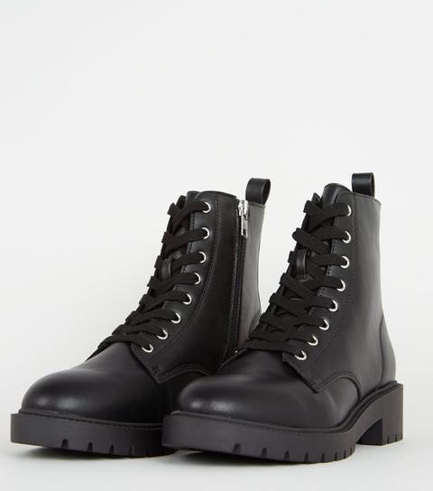 Fashion Black Leather-Look Chunky Lace Up Boots