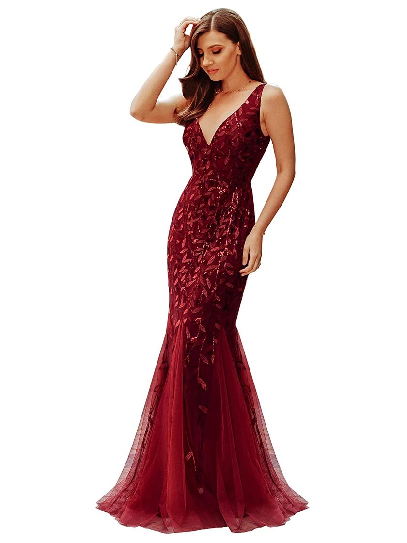 Social Ever-Pretty a Sirena Tul Vestido de Noche Cuello en V sin Respaldo