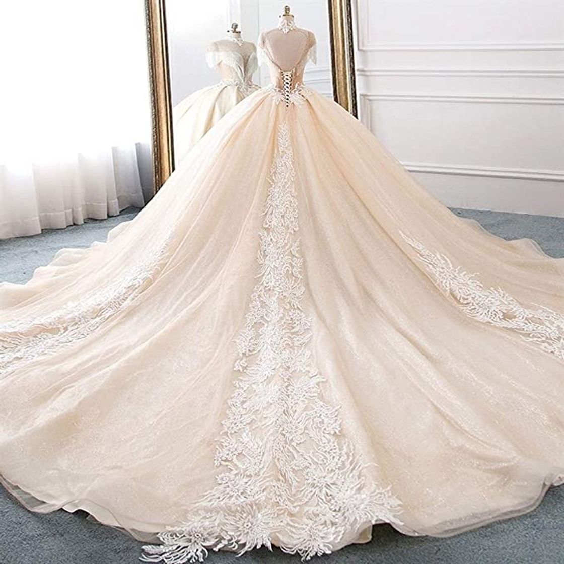 Social Vestido de novia de gasa de encaje de tul de novia vestido de la llegada de cuello alto de bola del vestido de boda de los vestidos de la princesa de la borla de las mangas del traje brillante Mariee