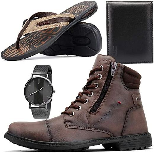 Kit de bota coturno casual +Chinelo+Relógio e Carteira