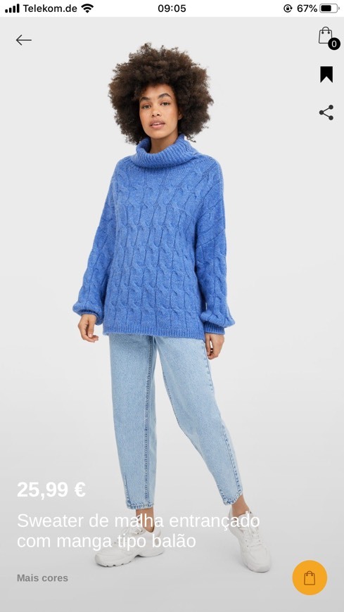 Moda Sweater Malha Entrançada Manga Balão Violeta Stradivarius