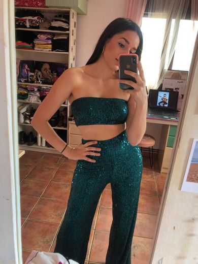 Fashion Zipper Back Sequin Crop Tube Top & Palazzo Pants Set | SHEIN USA