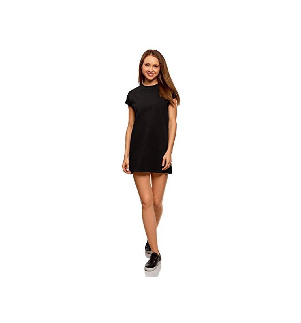 Moda oodji Ultra Mujer Vestido Recto con Dobladillos en Las Mangas, Negro, ES