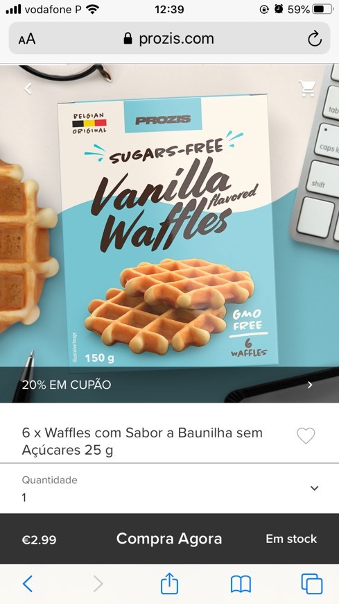 6 x Waffles com Sabor a Baunilha sem Açúcares 25 g - Prozis