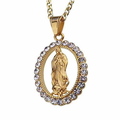 LIANNAO Acero Inoxidable Cubic Zirconia Virgen María Colgante Collar Amuleto De Oro