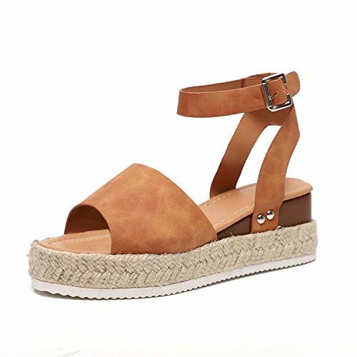 Fashion Sandalias Mujer Plataformas Verano Cuña Piel 5 CM Tacon Punta Abierta Plana