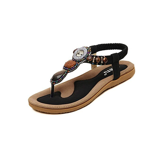 Sandalias Mujer Verano,Moda de Las Mujeres Dulces Abalorios Clip Toe Pisos Bohemio