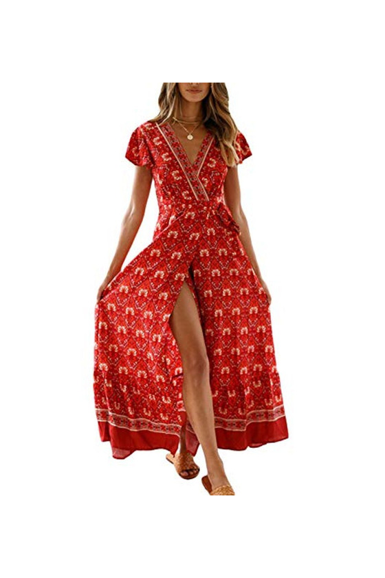 Social Vestido Mujer Bohemio Largo Verano Playa Fiesta Floral Manga Corta Cuello en V Talla Split Wrap Maxi Vestidos 5 XL
